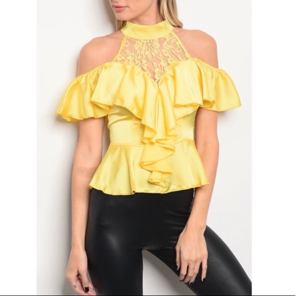 Yellow Ruffle Cold Shoulder Top